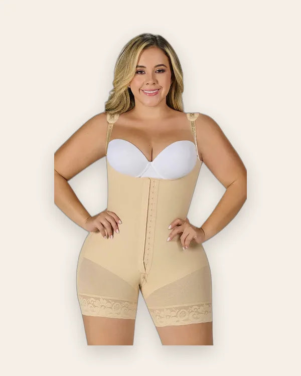 Mid-thigh faja with back coverage and adjustable straps  0068